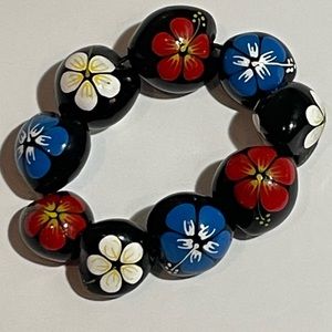 Bracelet Hawaii Hibiscus Kukui Nut  hand painted Bead stretch band.